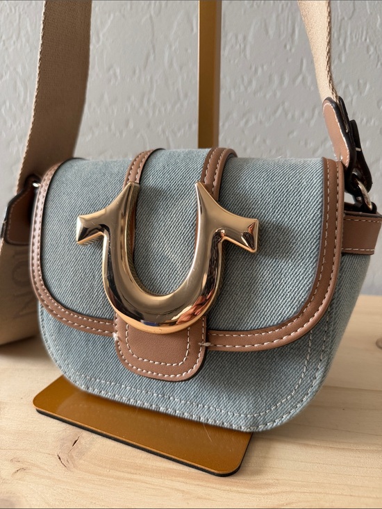 True Religion Handbags - True Religion Denim Blue and Tan Crossbody NWOT